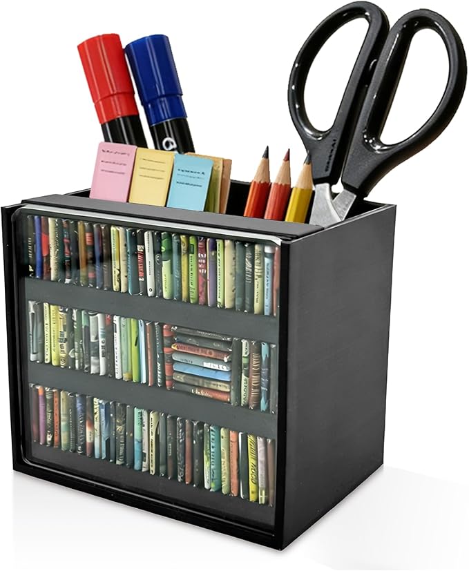 Black Anxiety Bookshelf with 100 Mini Books, Miniature Library Shake Away Your Anxiety, Aesthetic Desktop Bookmark Holder, Pencil Organizer, Bookish Decor, Stress Relief Gift for Avid Readers