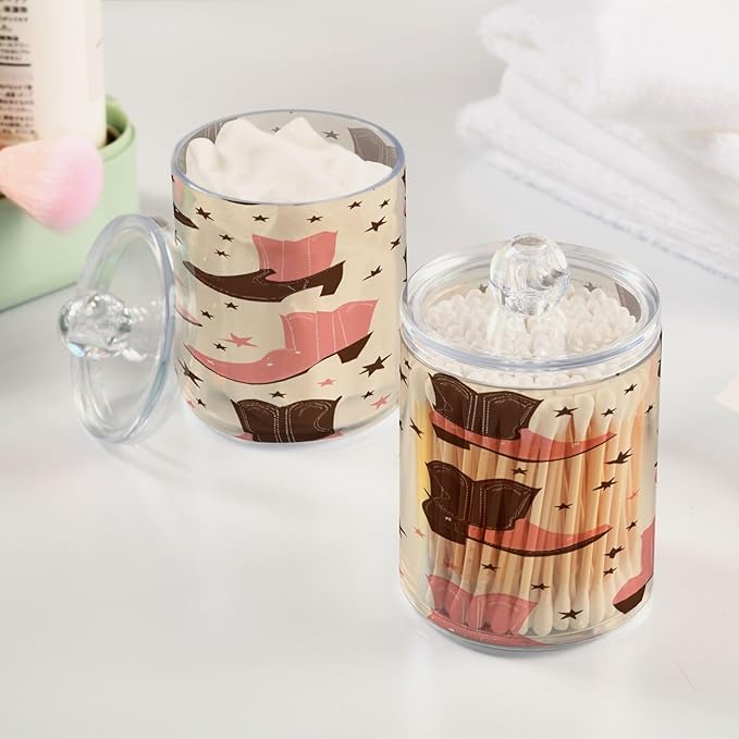 Nander 4Pack Beautiful Cowboy Boots Qtip Holder Dispenser -Clear Plastic Apothecary Jars Set - Restroom Bathroom Makeup Organizers Containers for Cotton Swab, Ball, Pads, Floss