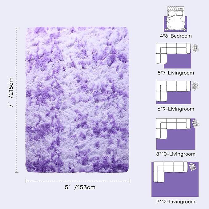 5x7 Purple White Rug Fluffy Living Room Rugs Girls, Plush Soft Fuzzy Area Carpet Non Slip for Bedroom Nursery Kids Girlie Elegant Home Decor Aesthetic