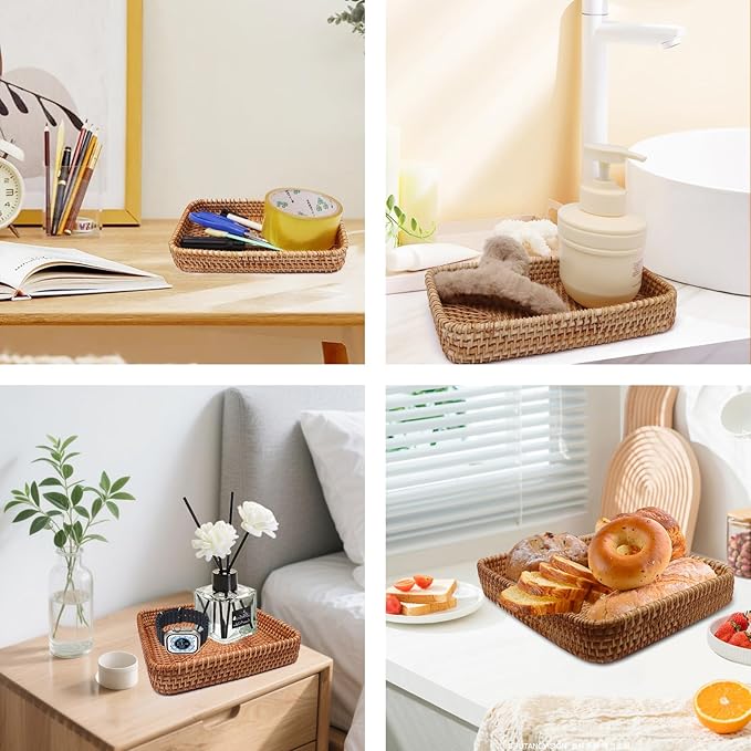 Rattan Storage Baskets, Rectangular Woven Baskets for Storage, Key Basket for Entryway, Decorative Storage Baskets for Organizing for Living Room, Bedroom, Kitchen(8.3" × 4.3" × 1.4")