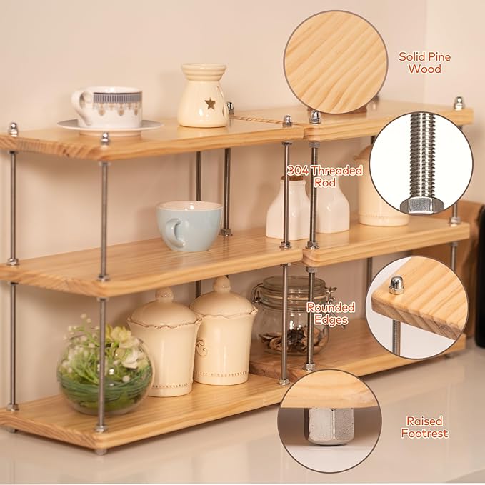 Ultra-Thick 24mm Solid Wood Coffee Station Organizer&Spice Rack for Kitchen Countertop, Corner Industrial 3-Tier Adjustable Shelf with 10mm 304 Thread Rods for Heavy Espresso Gear, Natural