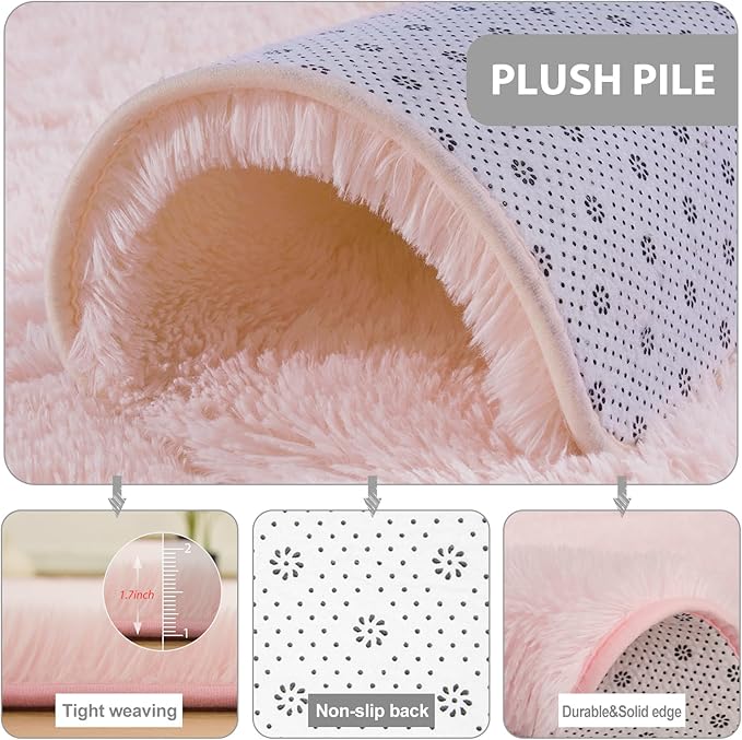 FinRèc Pink Rugs for Bedroom Living Room, 4x6 Feet Fluffy Shag Area Rug, Non-Slip Fuzzy Furry Rug for Kids Room Girl Dorm Room Home Decor, Indoor Shaggy Floor Carpet