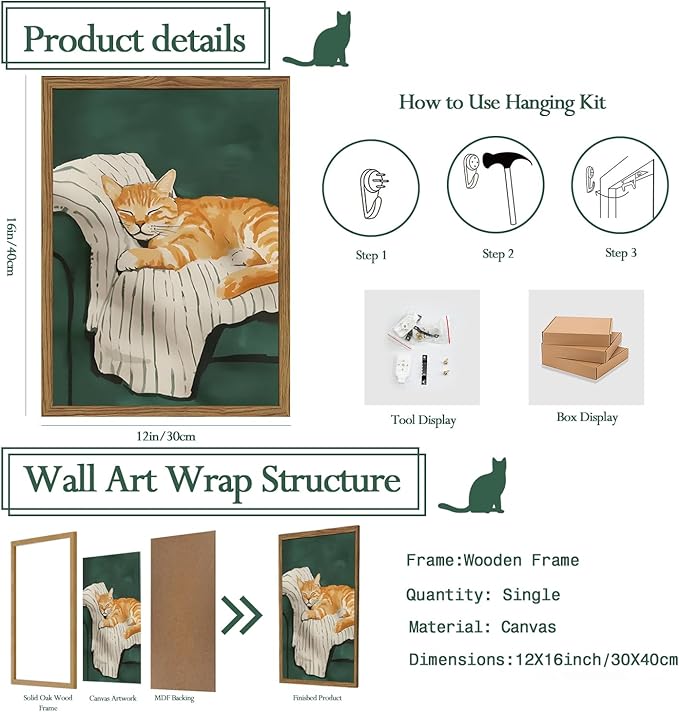 Funny Cat Wall Art Cute Cat Sleeping on Couch Wall Decor Painting Orange Pet Kitty Portrait Pictures Prints Contemporary Animal Canvas Artwork for Bedroom Living Room 12x16 inch Wood Framed