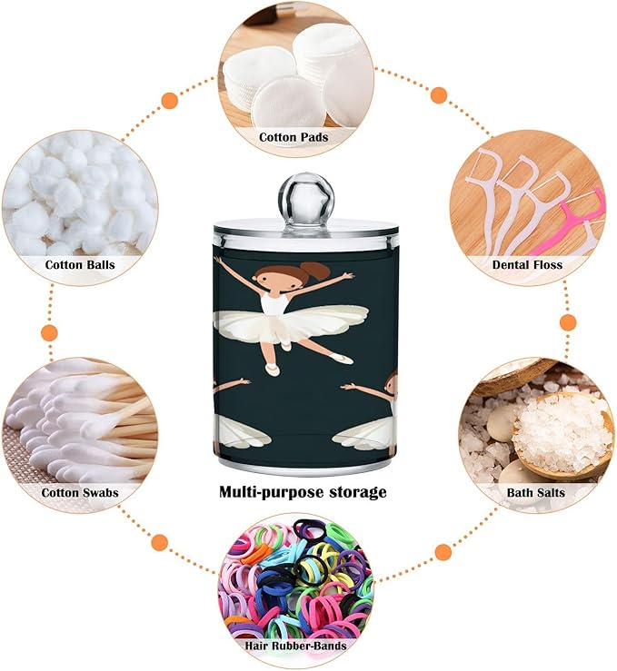 Nander 4Pack Girl Dancing Ballet Qtip Holder Dispenser -Clear Plastic Apothecary Jars Set - Restroom Bathroom Makeup Organizers Containers for Cotton Swab, Ball, Pads, Floss