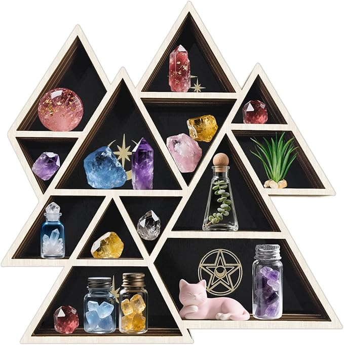 peacoblue Mountain Shaped Crystal Display Shelf 11.8" L× 11.8" W× 1.2" Wooden Wall Mounted Decor with Multiple Compartments for Crystals, Gemstones & Trinkets for Bohemian, Witchy & Modern Interiors