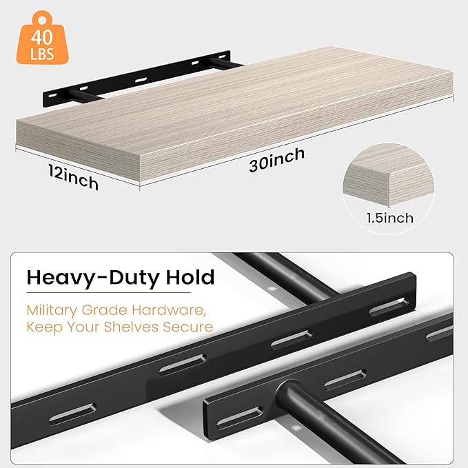 Fun Memories Floating Shelves - 2 Pack 30 Inch Long Rustic Wooden Wall Shelves - 12 Inch Deep Wall Mounted Storage Shelf with Invisible Heavy-Duty Brackets for Books, Bathroom, Kitchen, Gray