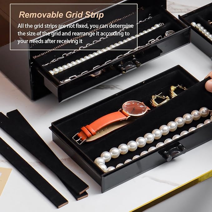 YUFONG Necklace Holder Organizer, Dustproof Necklace Box Velvet Necklace Organizer Box with Lid Clear Acrylic Dustproof Stackable Jewelry Displays for Necklaces Chain Display (Black Black, 3 Drawer)