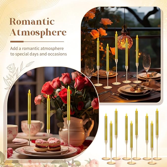 FillTouch 30 Pcs Gold Candlestick Holders with Flameless LED Candles Bulk Includes 15 Metal Candle Holders and 15 Battery Operated Gold Candles for Wedding Table Centerpieces Home Decor