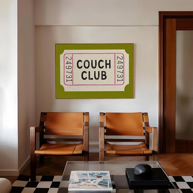 Vintage Canvas Wall Art Couch Club Ticket Wall Decor Retro Green Minimalist Quote Poster Fashion Green Aesthetic Posters Vintage Funny Artwork for Living Room Bedroom Home Decor, 24x16inch Unframed