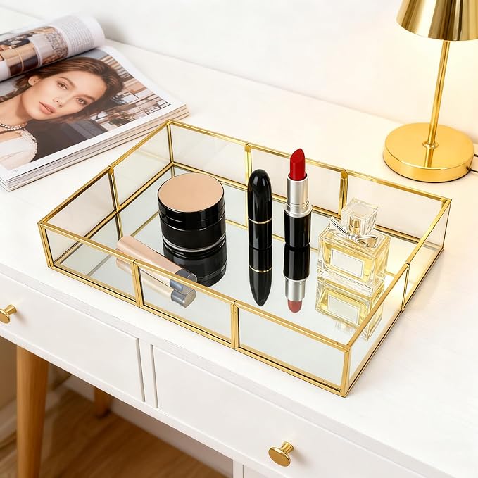 Gold Mirror Tray - Metal Decorative Perfume Organizer - Makeup Vanity Tray for Dresser，Jewelry,Bathroom, Bedroom