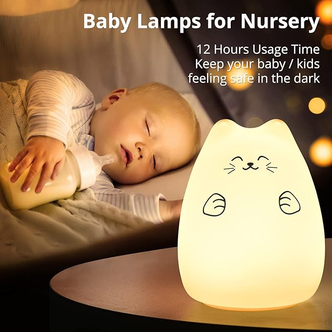 GoLine Cute Night Lights for Kids, Best Christmas Birthday Gifts for 3-12 Year Old Girls Teen, Cat Silicone Baby Night Light for Newborn, Remote and Tap Control