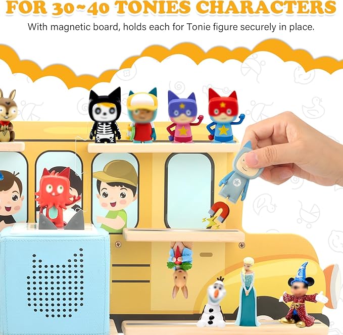 School Car for Tonies Box 1/2 Tonies Figures Organizer Storage Shelf Wall Mounted, Magnetic Display Collection 30~40 Characters Floating Shelves Storage Player, Earphones