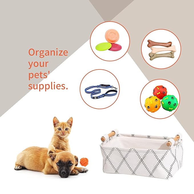 Decorative Collapsible Rectangular Fabric Storage Bin Organizer Basket with Wooden Handles for Clothes Storage,12.6x8.7x4.7 inch,White