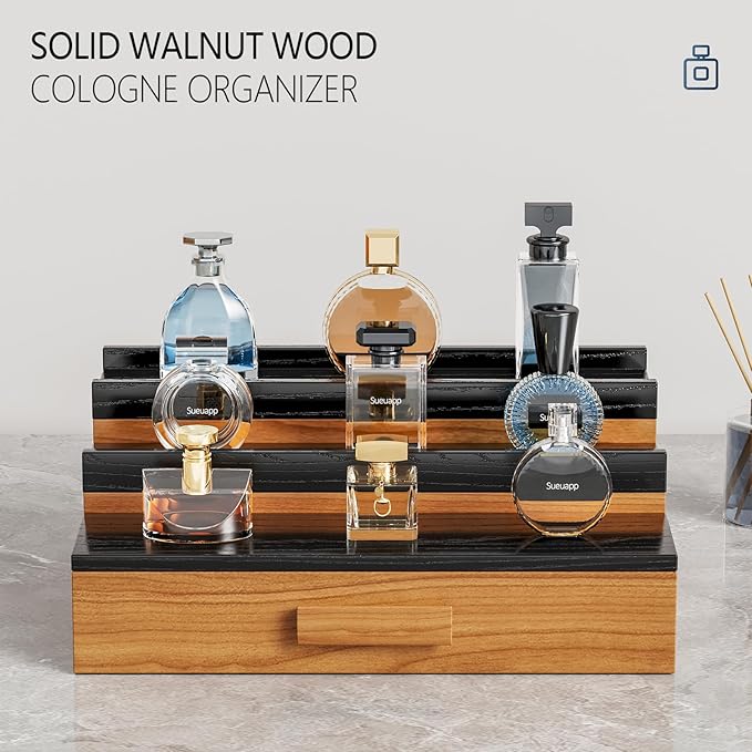 Solid Walnut Wood Cologne Organizer for Men, 3 Tier Cologne Stand Display Shelf with Hidden Compartment and Drawer, Perfume Stand Organizer, Perfume Display Holder, Great Gift for Men Father