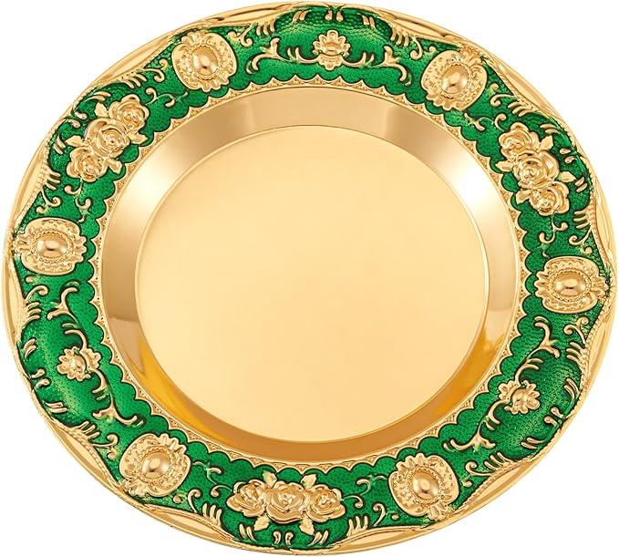 1pcs Golden Serving Tray for Party 4.8" Vintage Round Decorative Plate Tray Jewelry Makeup Organizer Dishes Bathroom Vanity Tray for Gift Wedding Coffee Table Dessert Christmas 20 cm (Green)