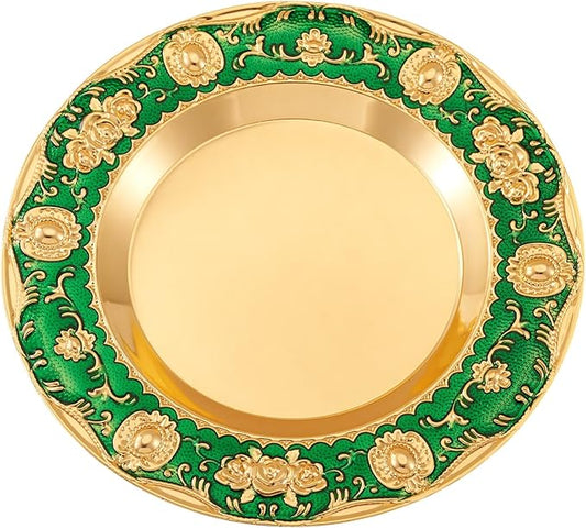 1pcs Golden Serving Tray for Party 4.8" Vintage Round Decorative Plate Tray Jewelry Makeup Organizer Dishes Bathroom Vanity Tray for Gift Wedding Coffee Table Dessert Christmas 20 cm (Green)