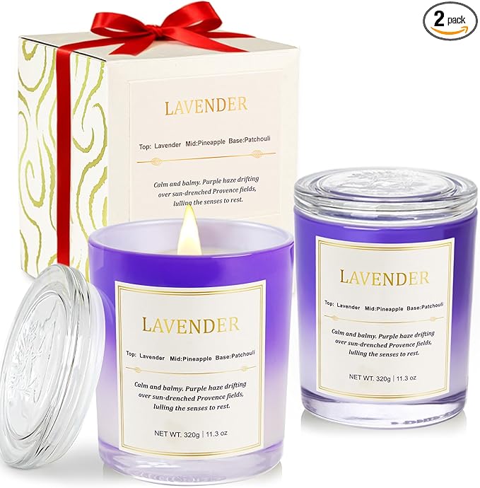 Lavender Candle Gift Set – 2 Pack Wood Wick Soy Wax Scented Candles with Gift Boxes, Long Lasting Relaxing Aromatherapy Candles for Home Decor, Holiday Gifts