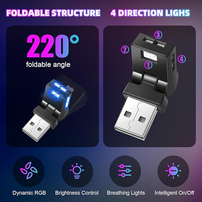 Frienda 2 Pcs Mini USB LED Light Car LED Interior Lighting 5v RGB Portable Ambient Lighting Adjustable 8 Color and Brightness Smart USB Night Lamp for Cars Laptop Keyboard Atmosphere, Type A