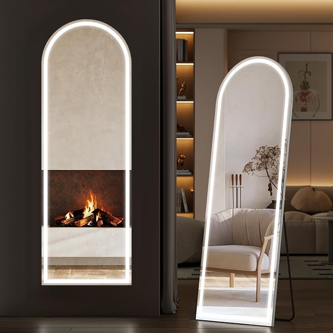 Sweetcrispy Arched LED Full Length Mirror with Stand, 60"x16" Lighted Floor Body Mirror with Dimming & 3 Color Lighting, Hanging or Leaning, Floor Standing for Bedroom, Dressing Room