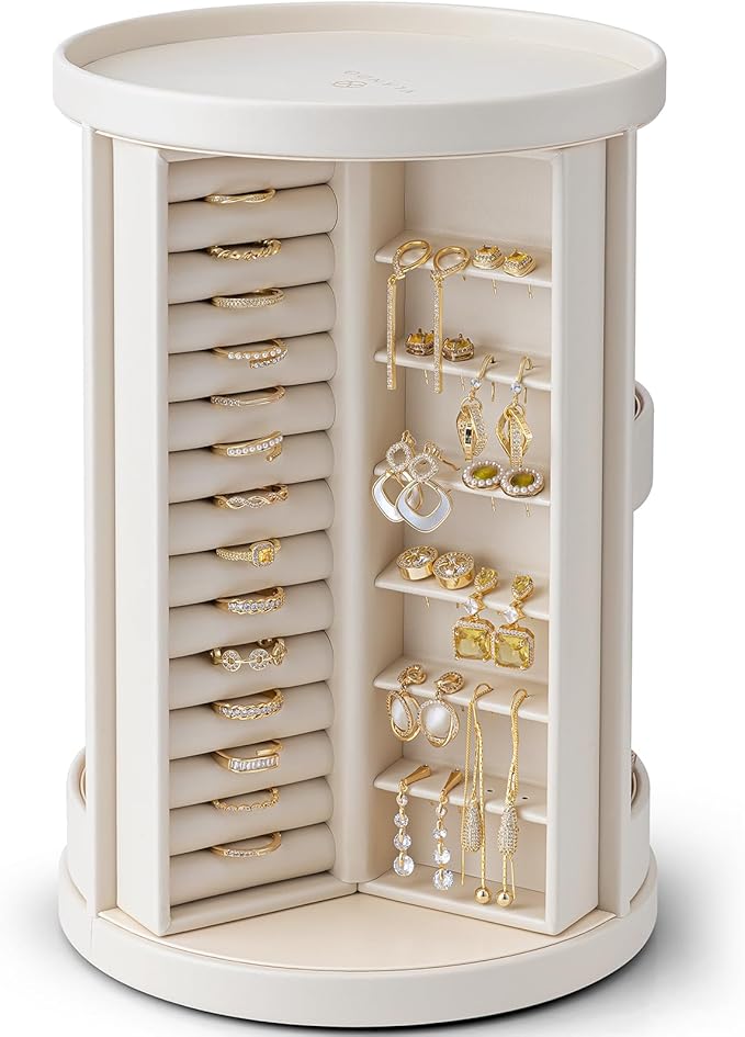 Vlando 360°Rotating Jewelry Box,Earring Organizer Large Vertical Jewelry Organizer with 6 Necklace Hooks, Open Ring Display Storage for Women - Cream White