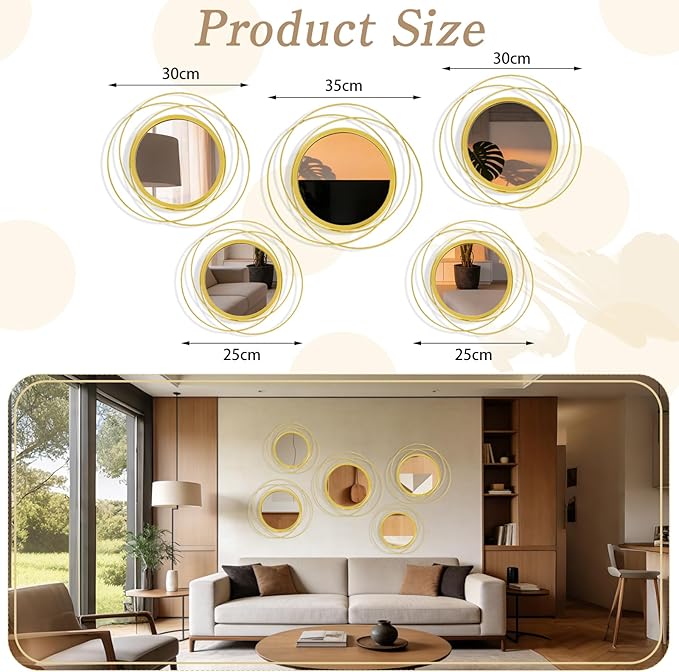 5 Pcs Decorative Round Modern Gold Circle Mirror Metal Wall Mounted Mirror Wall Art Ring for Hallway, Entryway, Living Room, Dining Room, Bedroom