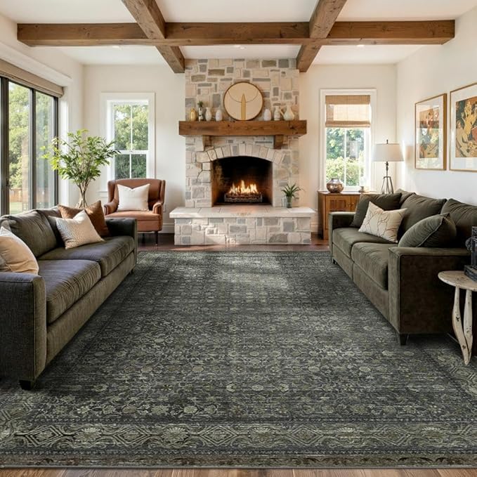 9x12 Washable Area Rug for Living Room, Extra Large,Green Vintage Floral Boho Rugs for Dining Room, Farmhouse, Durable Low Pile Non Slip Carpet for High Traffic Areas, Moss Brown