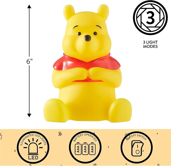 Disney Winnie The Pooh Squishy Mood Night Light 6" LED Soft Mood Lamp for Decor, Kids Bedrooms, Collectors & Gift Giving