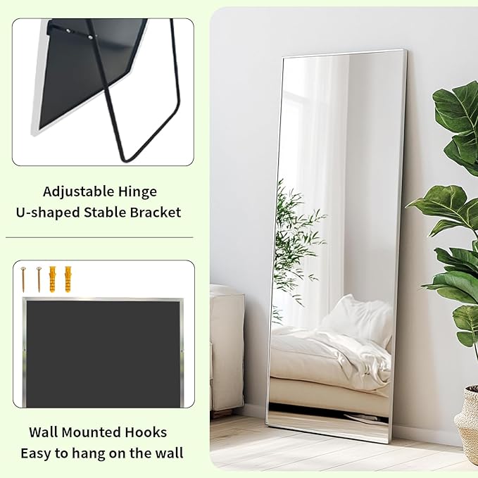 Sunniry Full Length Mirror, Stand Up Mirror with Aluminum Metal Frame, Standing Mirrors for Bedroom, Livingroom, Bathroom, Hallway, Cloakroom, Wedding. (56x16 inch, Silver)