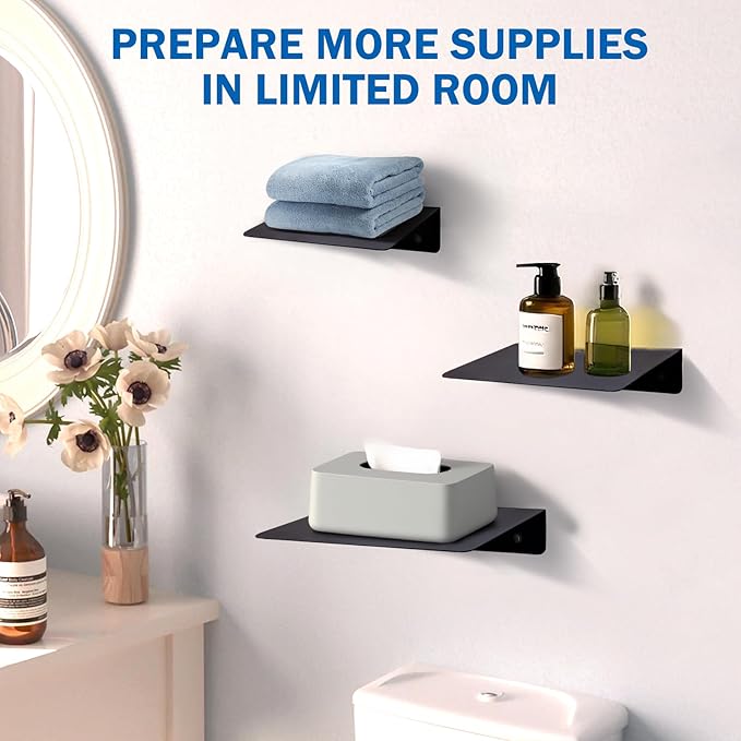 Steel Floating Shelves for Wall,Small Wall Shelf，Bookshelf Living Room Bedroom Home Office Bathroom，Little Mini Tiny Display Hanging Shelves for Books/Storage/Room Decor (Black 11.81x7.87in)