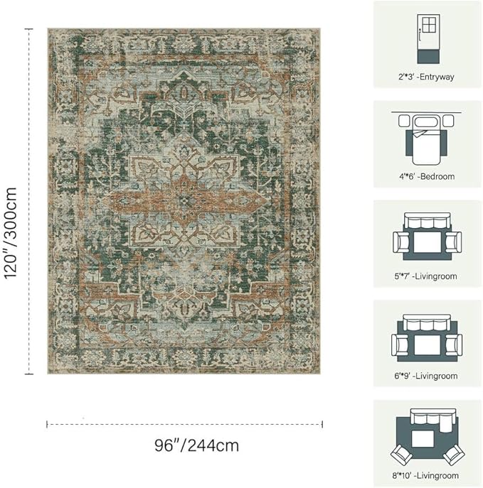 Rugxara 8x10 Area Rugs for Living Room Bedroom, Large Washable Rug, Green Vintage Retro Boho Rug, Non Slip & Low Pile Faux Wool Thin Carpet for Indoor Dining Room and Kids Room(Green/Brown 8x10ft)