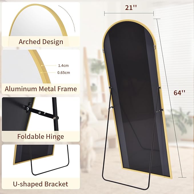 64"x21" Arched Mirror Full Length, Standing Floor Mirror, Wall Mounted Mirror with Aluminum Frame - for Standing, Leaning or Hanging, for Living Room Dressing Room, Gold