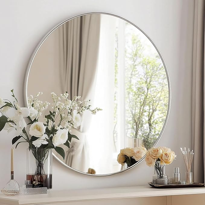 Oruii Silver Round Mirror, Silver Round Mirror 24 inch, Circle Bathroom Mirrors Metal Frame, Nickel Circle Mirrors for Wall, Over Sink, Bathroom, Living Room, Vanity, Chrome