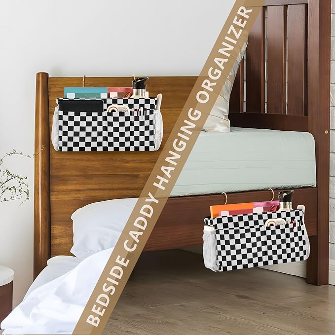 Black White Checkerboard Print Bedside Caddy Storage Bag Bedside Organizer for Bunk Bed Headboards College Organizer Caddy Hanging Shelf 6 Pockets with Hooks for Drinks Magazine Phone Holder