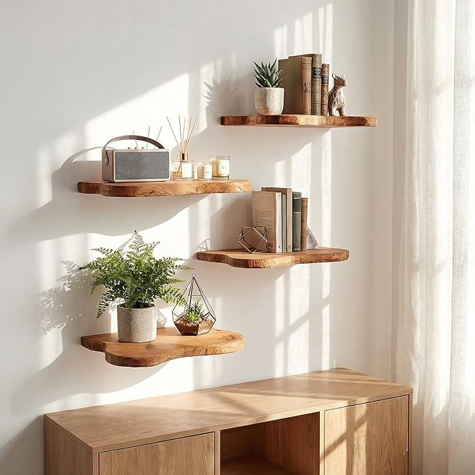 Pinkunn 4 Pcs Floating Shelves for Wall Wooden Live Edge Shelf Wall-Mounted Natural Solid Wood Bedroom Kitchen Storage Living Room Nursery Decor (15.74 Inch)