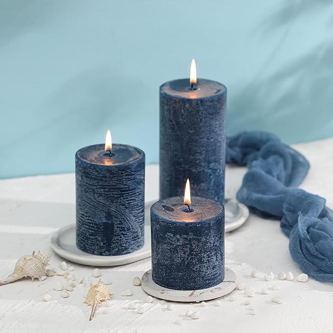3x4 Inch Dark Blue Pillar Candles Set of 3 - Hand-Poured Unscented Candles, Long Clean Burning, Navy Blue Candle, Smokeless Dripless Candle for Dinner Table, Wedding, Home, Rustic Decor