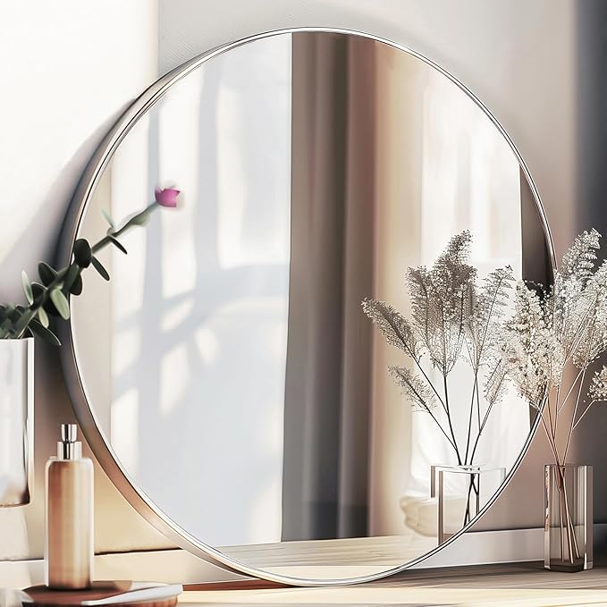 Sunniry Silver Round Mirror 30 inch, Round Bathroom Mirror, Silver Circle Mirrors with Aluminum Frame, Circle Wall Mirrors for Bathroom, Living Room, Hallway, Bedroom.