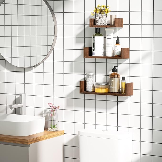 SRIWATANA Floating Shelves Wall Mounted, Solid Wood Wall Shelves Set of 3, Dark Brown…