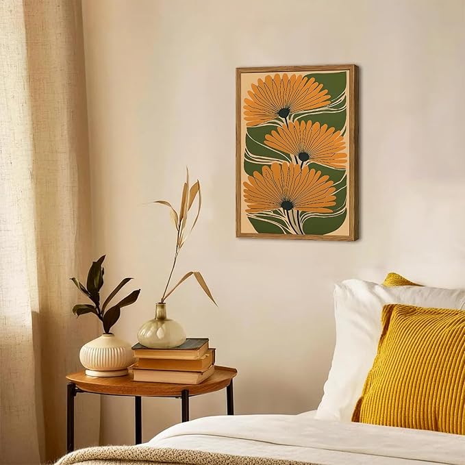Framed Boho Floral Canvas Wall Art, Vintage Flower Pictures Wall Decor, Abstract Botanical Paintings Prints Maximalist Home Decor for living Room Bedroom Office 16x24 inch