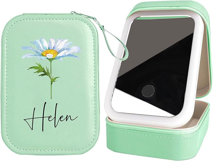 Personalized Birth Flower Travel Jewelry Box with Mirror Custom Name Travel Makeup Case with Led Mirror Small Travel Jewelry Case Organizer with Light Up Mirror for Women Mom