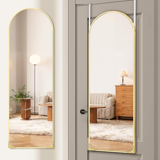 50"x16" Door Mirror, Arched Full Length Mirror, Over the Door Mirrors Full Length, Hanging Mirrors for Bedroom, Bathroom, Gold