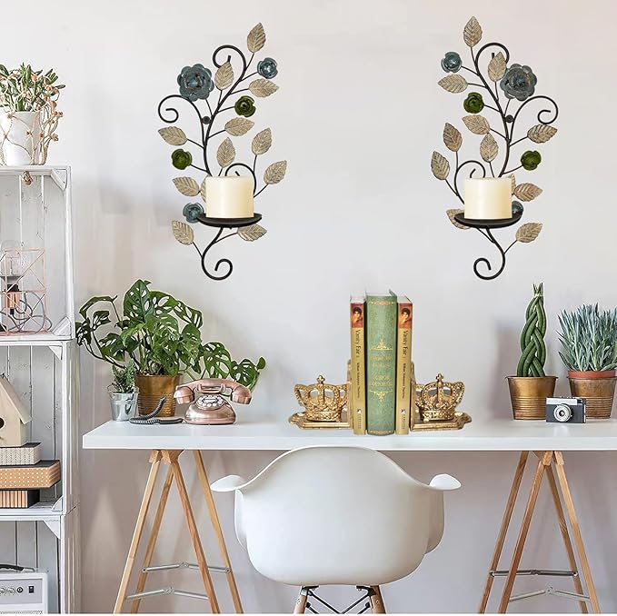 Wall Sconces Candle Holder Set of 2, Antique Multi-Color Leaf Branch Wall Mount Hanging Metal Wall Candle Holder Candle Sconce for Living Room Dining Room