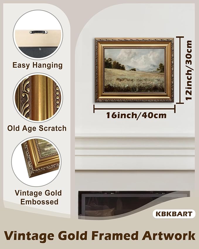 KBKBART Gold Framed Vintage Wall Art, Vintage Countryside Canvas Oil Painting Farmhouse Wall Decor, Rustic Antique Landscape Bathroom Decor for Bedroom Living Room, Gifts for Friends or Family(12"x16")