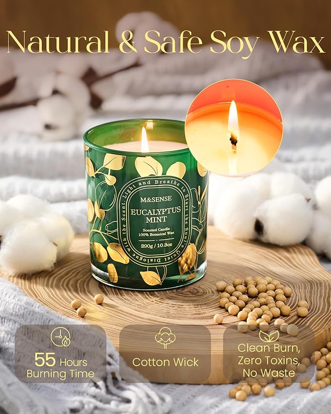 M&SENSE Eucalyptus Mint Scented Candle, Non-Toxic Soy Wax Natural Candles, 55 Hours Long Burning 10.3oz, Calm Aromatherapy Home Fragrance Home Decor, Self-Care Gifts for Women