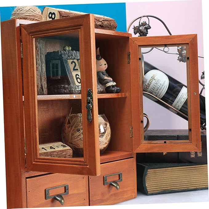 Ipetboom Storage Cabinet for Makeup and Sundries Wooden Dressing Table Organizer with Drawer Design Capacity Sundries Holder for Bedroom and Bathroom Use Retro Style