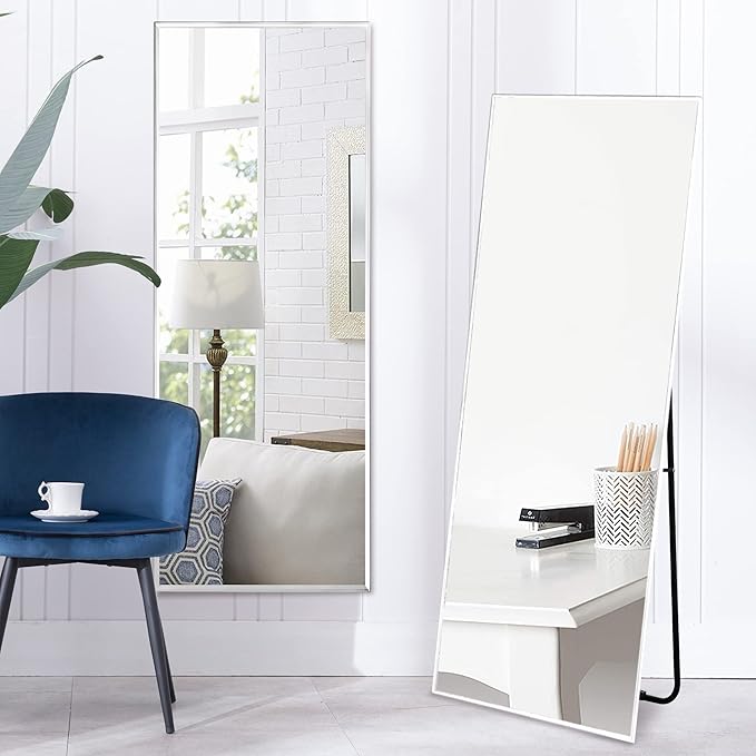 NeuType Full Length Mirror, 59"x16" Full Body Mirror with Stand Floor Mirror Full Length Standing Mirror Wall-Mounted Mirror Hanging or Leaning Against Wall Aluminum Alloy Thin Frame (White)