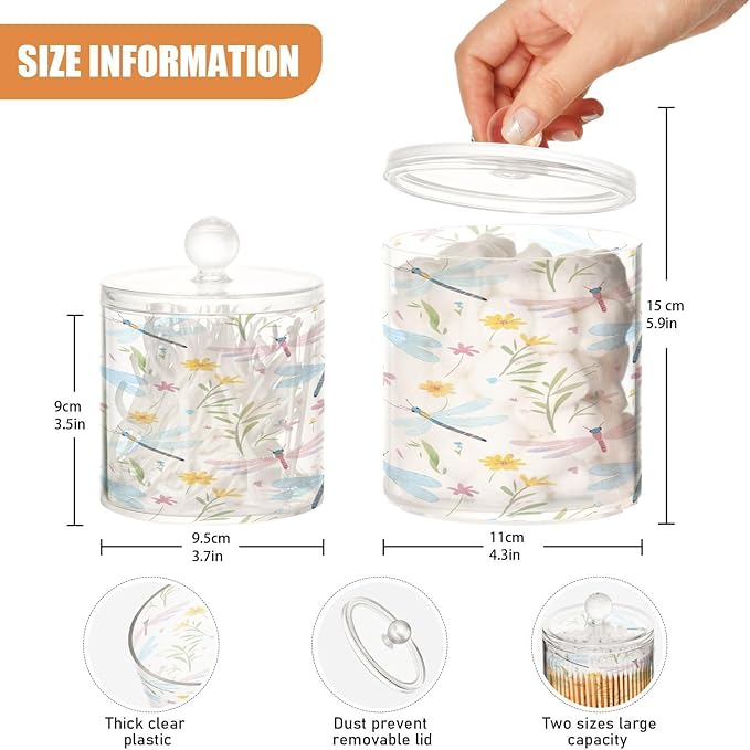 Watercolor Butterfly Flowers Soft Color Clear Plastic Makeup Organizer Storage with lid Dresser Essentials Decorative Dental floss storage jar for Cotton Swabs,Cotton Pads,Floss Picks,Paper