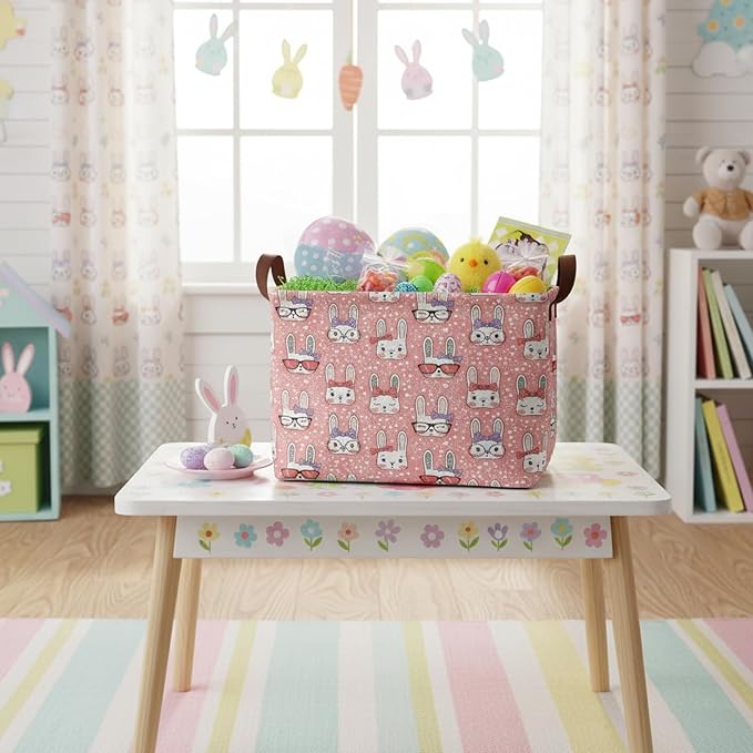 Large Rectangular Cute Kid Easter Basket Empty Bunny Eggs Easter Basket Gift Spring Room Storage Organizer Décor (E-13)