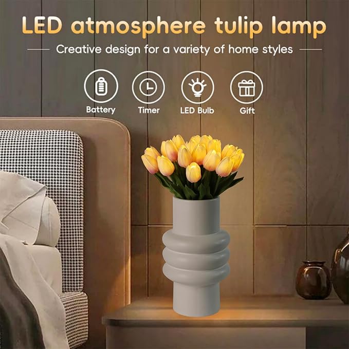HOMESEASONS 20pcs Tulip Lamp Artificial Floral Night Light Real Touch Tulip Night Lamp LED Flower Bouquet Home Kitchen Decor(Orange)