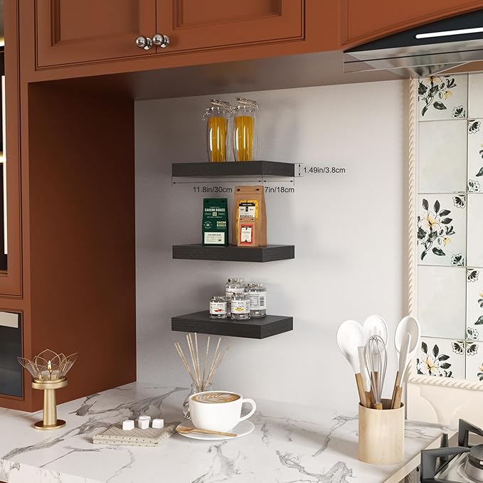 Floating Shelves for Wall, Bathroom Shelves Over Toilet, Wall Shelves & Book Shelf for Room, Hanging Shelf, Modern Wooden Wall-Mounted Small Floating Shelves, 12x7x1.5 in (Black, Set of 3)