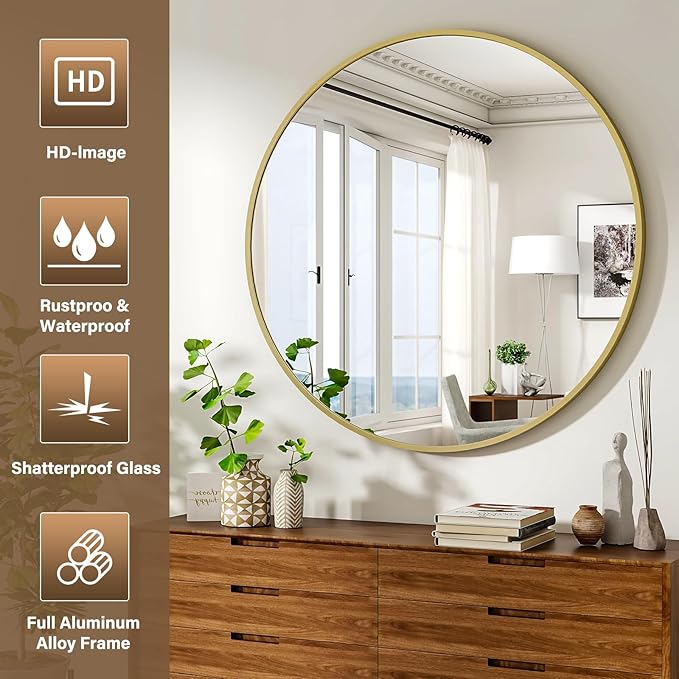 XRAMFY 36 Inch Round Mirror - Circle Mirrors for Bathroom, Entryway and Living Room Wall Decor, Modern Hanging Vanity Mirror, Matte Gold Circle Decorative Wall Mirror